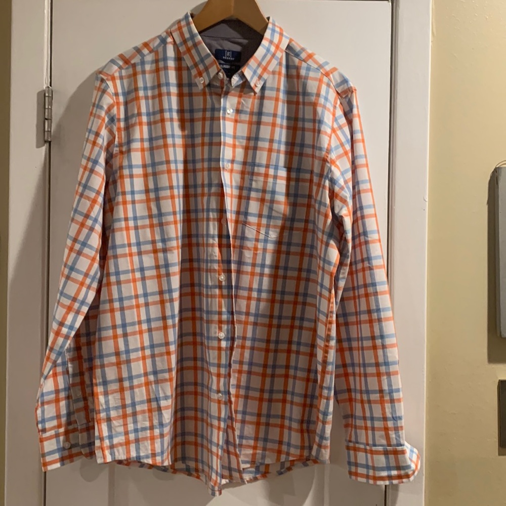 Men’s Size L (42-44) Classic Fit orange, lt blue & white plaid long sleeve